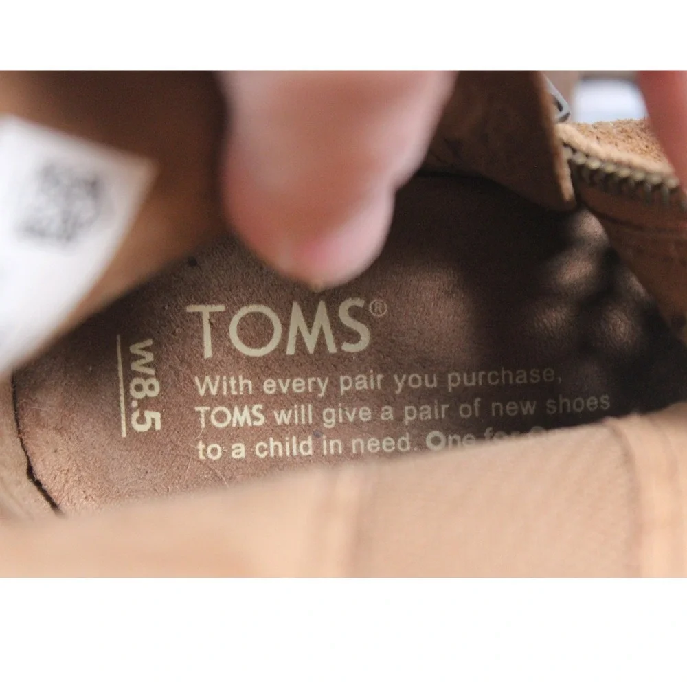 TOMS Majorca Peep Toe Ankle Boots Tan Suede Perforated Block‎ Heel Womens 8.5